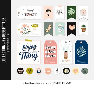 Super cute vector set of hygge cards, tags and labels. Cute illustration autumn and winter hygge elements. Isolated. Motivational typography of hygge quotes. Scandinavian style