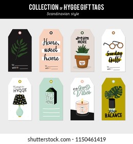 Super cute vector set of hygge cards, tags and labels. Cute holiday illustration autumn and winter hygge elements. Isolated. Motivational typography of hygge quotes. Scandinavian style stationery