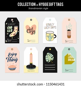 Super cute vector set of hygge cards, tags and labels. Cute holiday illustration autumn and winter hygge elements. Isolated. Motivational typography of hygge quotes. Scandinavian style stationery