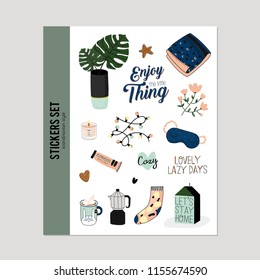 Super cute vector set of hygge elements. Hygge autumn and winter illustration. Isolated. Motivational typography of hygge quotes. Scandinavian style.