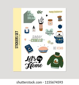 Super cute vector set of hygge elements. Hygge autumn and winter illustration. Isolated. Motivational typography of hygge quotes. Scandinavian style.