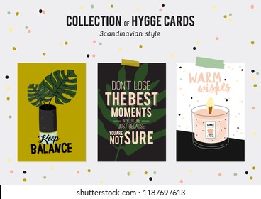 Super cute vector set of hygge cards and posters. Cute illustration autumn and winter hygge elements. Isolated. Motivational typography of hygge quotes. Scandinavian style