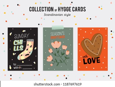 Super cute vector set of hygge cards and posters. Cute illustration autumn and winter hygge elements. Isolated. Motivational typography of hygge quotes. Scandinavian style