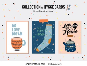 Super cute vector set of hygge cards and posters. Cute illustration autumn and winter hygge elements. Isolated. Motivational typography of hygge quotes. Scandinavian style