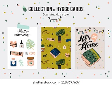 Super cute vector set of hygge cards and posters. Cute illustration autumn and winter hygge elements. Isolated. Motivational typography of hygge quotes. Scandinavian style