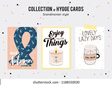 Super cute vector set of hygge cards and posters. Cute illustration autumn and winter hygge elements. Isolated. Motivational typography of hygge quotes. Scandinavian style