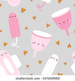 Super cute vector texture with Menstrual Cups, Pads, Tampons and hearts. Feminine background for Periods. Monthly cycle seamless pattern.
