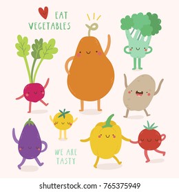 Super cute Vegetables characters. Vector illustration with Pumpkin, Potato, Tomato, Pepper, Radish, Broccoli and Bell Pepper. Eat vegetables fun background.