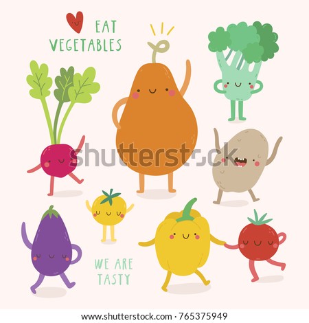 Super cute Vegetables characters. Vector illustration with Pumpkin, Potato, Tomato, Pepper, Radish, Broccoli and Bell Pepper. Eat vegetables fun background.