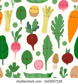 Super cute Vegetables vector pattern. Spring seasonal vegetables in cartoon childish style - Carrot, Beet, Arugula, Radish, Potato, Morel, Spinach, Sweet peas, Leek. Fresh organic food background.