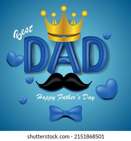 Super Dad Banner. Happy Father's Day Greeting Card Design With Golden Crown, Mustache And Blue Heart. Celebration Illustration For Dad.