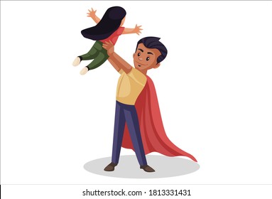 Super dad is bouncing his daughter in the air. Vector graphic illustration. Individually on a white background.