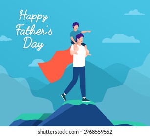 Super dad carry his son on his shoulder vector concept, happy father's day illustration with mountain background , can use for, landing page, template, ui, web, homepage, poster, banner, flyer