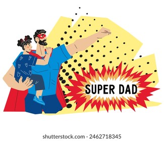 Super Papa Konzept für Grußkarte oder Banner auf Vatertag und Vaterschaft Thema, flache Cartoon-Vektorillustration. Karte mit Vater im Superhelden-Kostüm mit Kind.