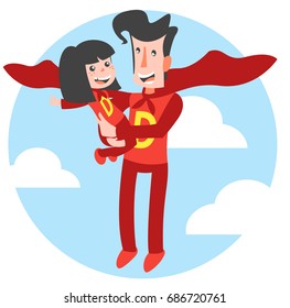 Super Dad And Super Daughter Are Hovering In The Clouds. Flat Style Illustration. Super Hero Daddy In Superhero Costume With Children