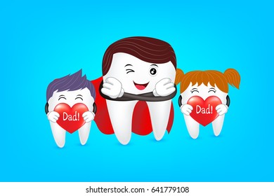 Super dad with family, tooth characters design. Love dad, happy father day.Great for dental care concept. Illustration isolated on blue background.