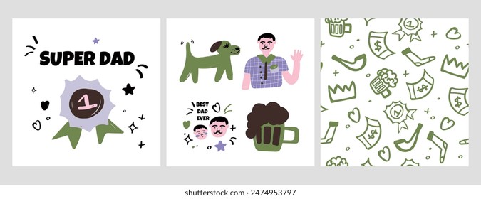 Super dad. Father's Day set of postcards in flat lay styling. postcards for love dad. Father's Day poster template: dog, winner's medal, beer. vector illustration