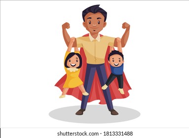 Super dad is hanging his kids on arms. Vector graphic illustration. Individually on a white background.