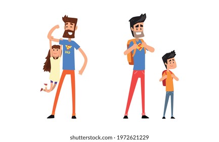 Super Dad and His Child Spending Time Together Hiking with Backpack and Playing Vector Set