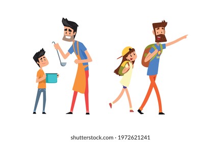 Super Dad and His Child Spending Time Together Hiking and Cooking Soup Vector Set