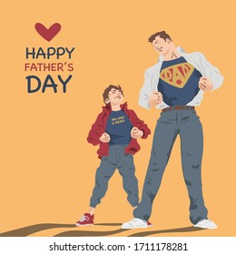 Super Dad with his son vector Illustration. Happy Father's Day postcard