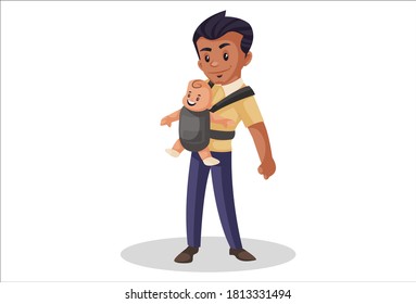 Super dad is holding his son in a carrier bag. Vector graphic illustration. Individually on a white background.