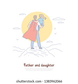 Super dad holding kid in arms back view, young man in cloak with child, parent superhero, happy fatherhood banner