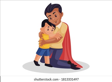 Super dad is hugging his son. Vector graphic illustration. Individually on a white background.