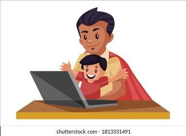 Super Dad And Kid Are Watching Laptop. Vector Graphic Illustration. Individually On A White Background.