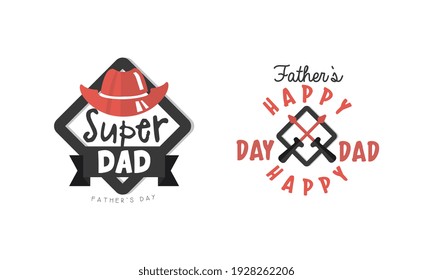 Super Dad Labels Set, Happy Fathers Day Black and Red Logo Design Cartoon Style Vector Illustration