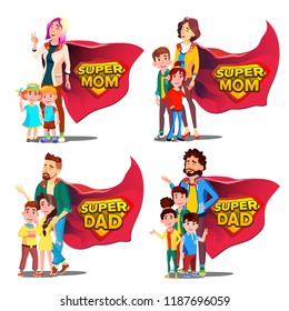 Super Dad, Mom Vector. Mother And Father  Like Super Hero With Children. Shield Badge. Isolated Flat Cartoon Illustration

