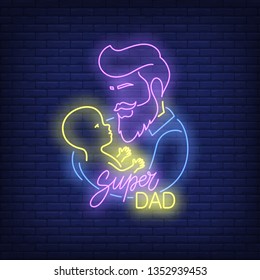 Super Dad neon text and father with child. Happy Fathers Day design. Night bright neon sign, colorful billboard, light banner. Vector illustration in neon style.