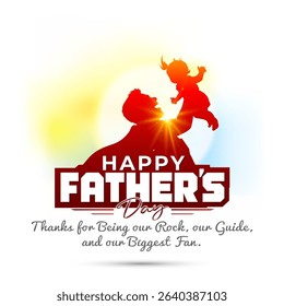 Super dad playing with baby silhouette illustration for happy father's day greeting postcard.