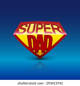 Super dad shield greeting card on blue background. Editable vector illustration