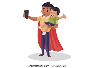 Super dad is taking a selfie with his son. Vector graphic illustration. Individually on a white background.