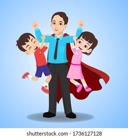 Super Dad With Two Kids Hanging On His Arm