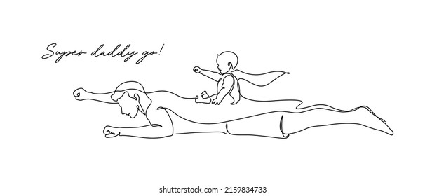 Super daddy flying with baby riding on back line art illustration. Father in super man costume flying on floor home playing. Continuous line drawing vector.