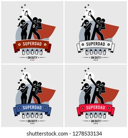 Super daddy or superdad logo design. Vector artwork of a father being a superhero taking care of his baby, while the wife is happy. 
