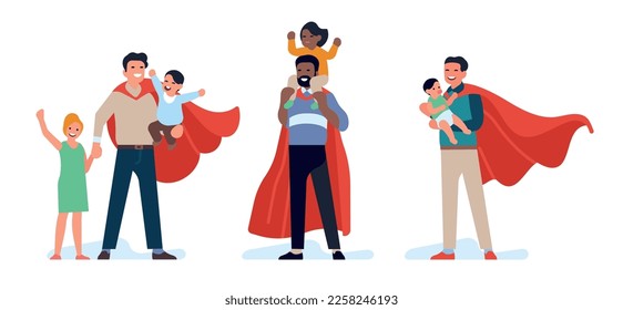 Super dads and their kids. Happy parents with children. Superhero fathers holding sons or daughters. Strong men in cloak. Childhood and parenthood. Vector isolated hero