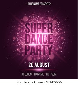 Super Dance Party. Luxurious Invitation Card. Purple Flash With Purple Dust. Night Party. Enter Your DJ And Club Name. Poster For Your Project. Purple Glare Bokeh. Vector Illustration