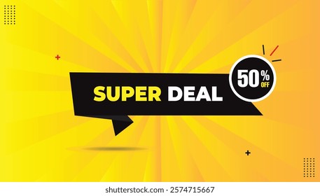 Super Deal! 50% Off EPS Format Editable Banner Template. Sleek black gradient shapes, bold yellow-white font, and a vibrant yellow-orange abstract background. Perfect for eye-catching promotions