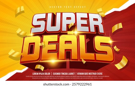 Super deal editable 3d text effect, logotype, business icon or typography design with comic sunburst, halftone, glitter and cartoon background for social media marketing banner, flyer or post. 3d word
