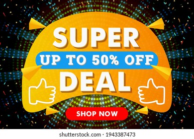Super Deal modern horizontal banner background with confetti. Banner template for discount, business, advertisement, promotion. Blue,red, yellow color. Stock vector illustration on black background.