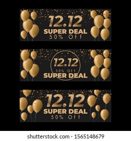 Super Deal Poster Or Flyer Design With Gold Balloon and Confetti Dark Background. Global Trade Day Sales 1212 Vector Stock Illustration