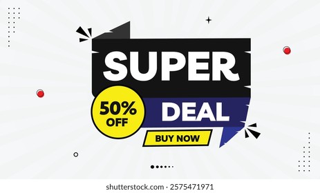 Super Deal Sale Banner Template - 50% Off! Shop Now with Yellow, Black, Purple, White Gradient Background and Modern Element Shapes