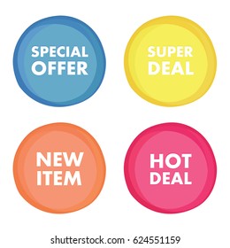 Super Deal, Special Offer, New Item, Hot Deal Round Banners. Abstract frame backgrounds in spring colors. Web elements vectors.