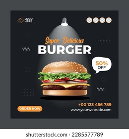 Super Delicious Burger- social media post template. Suitable for social media posts and web or internet ads. Vector illustration with Photo College.