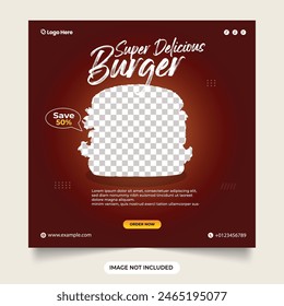 super delicious burger social media template. burger sale discount with dark red background. fast food promotion banner. delicious burger fast food restaurant menu social media post web banner.