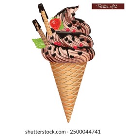 Súper delicioso chocolate negro sundae helado cono wafer ilustración de Arte vectorial Los niños aman el postre de verano helado