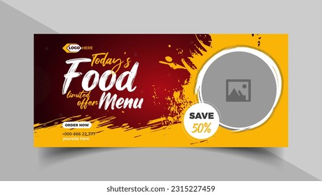 Super delicious fast food Facebook cover banner template. Food banner or poster design for online business marketing. Perfect for business branding, web ads, social media ads, social media posts.